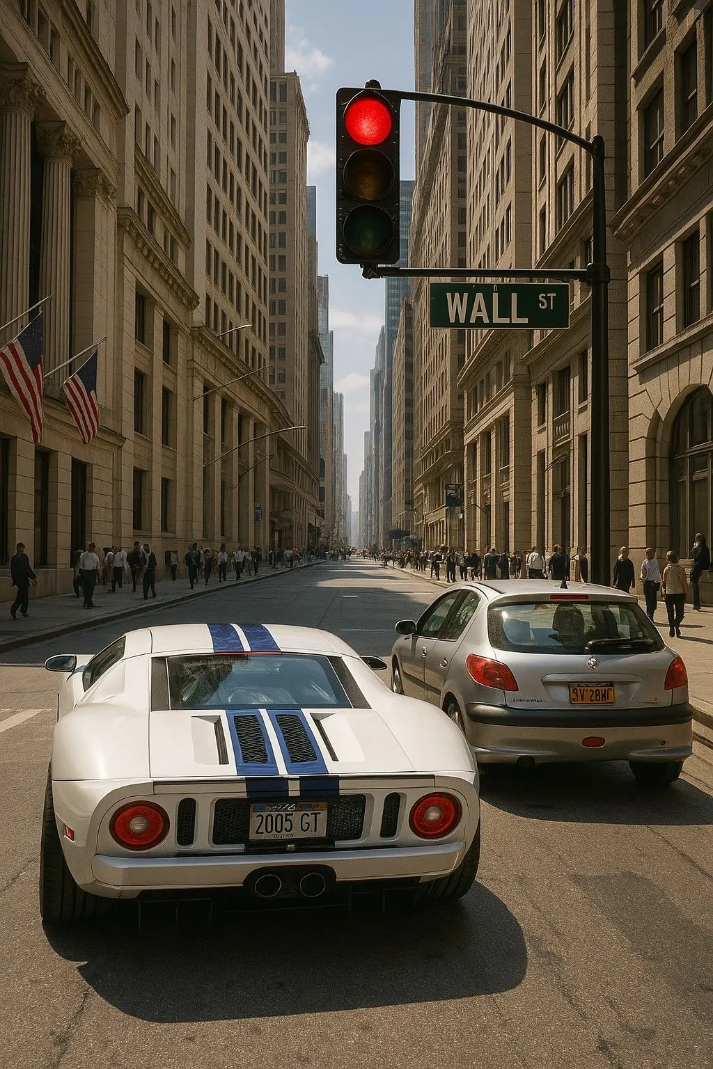 Ford GT 2006 và Peugeot 206 dừng đèn đỏ tại Wall Street, New York, phiên bản dọc, tạo bởi ChatGPT 4o