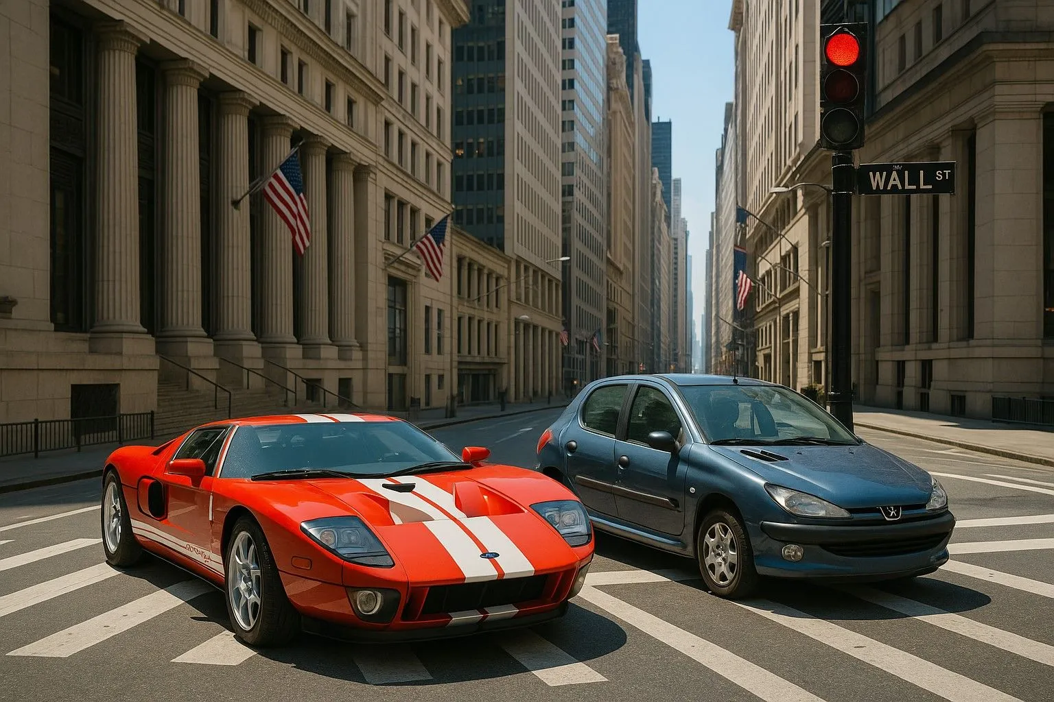 Ford GT 2006 và Peugeot 206 dừng đèn đỏ tại Wall Street, New York, phiên bản ngang, tạo bởi ChatGPT 4o