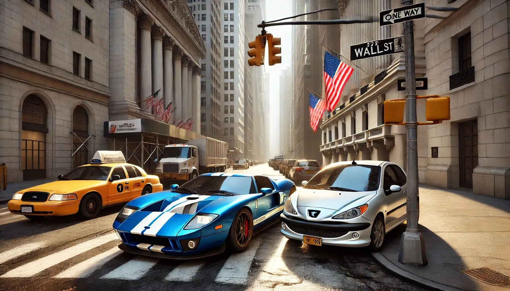 Ford GT 2006 và Peugeot 206 dừng đèn đỏ tại Wall Street, New York, tạo bởi DALL-E