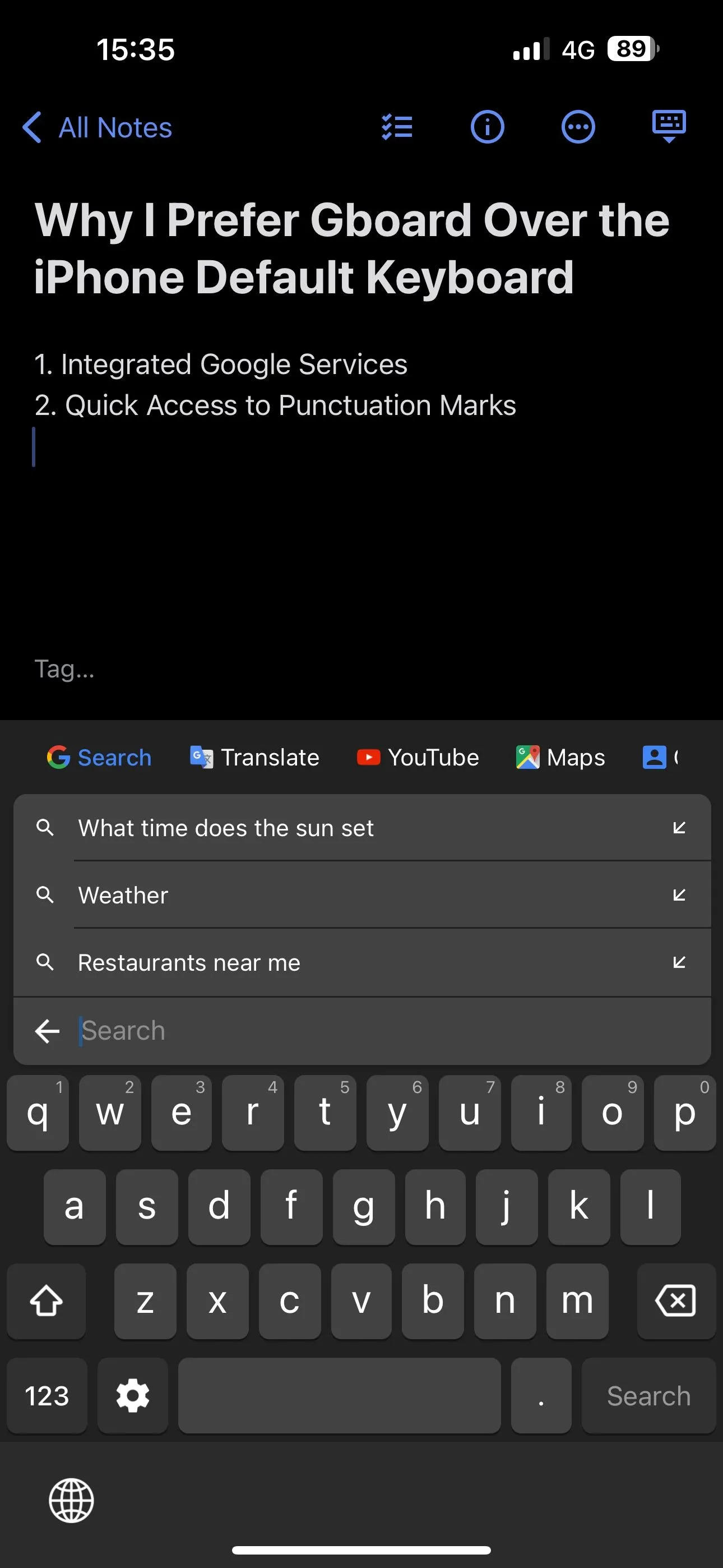 Gboard tích hợp các dịch vụ Google như tìm kiếm, bản đồ, YouTube ngay trên bàn phím iPhone.
