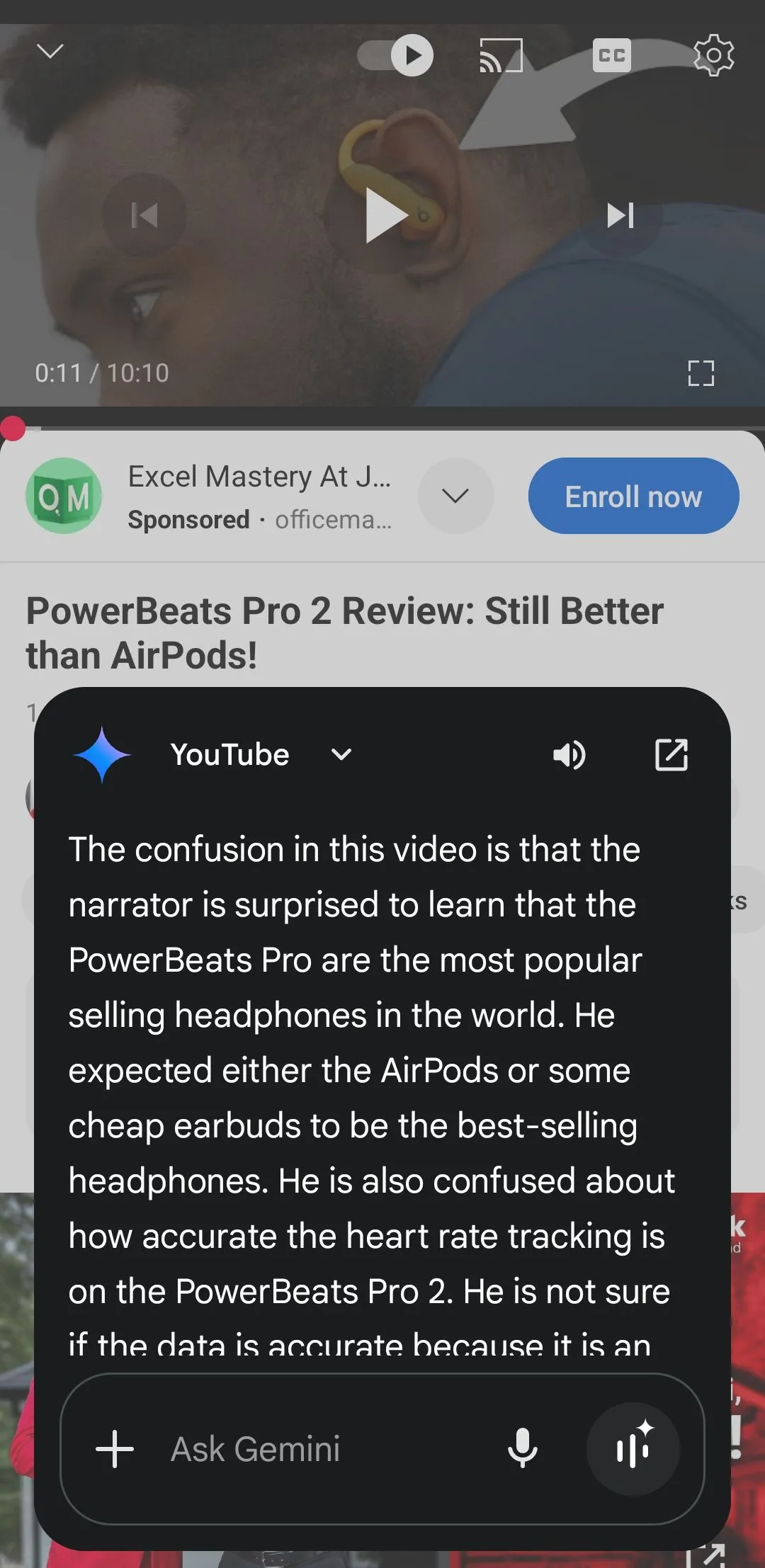 Gemini hiển thị tóm tắt video YouTube về tai nghe PowerBeats Pro 2, minh họa tính năng AI.
