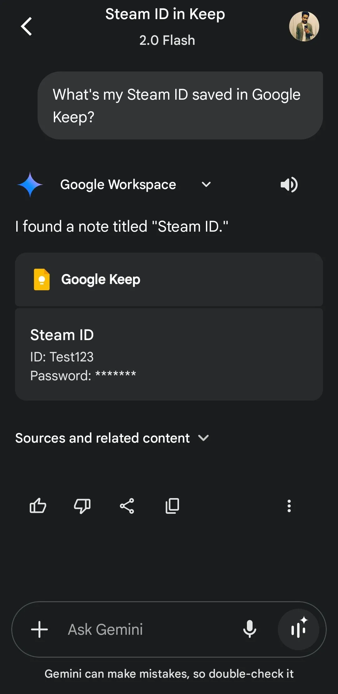 Gemini tìm thông tin về ID Steam từ Google Keep