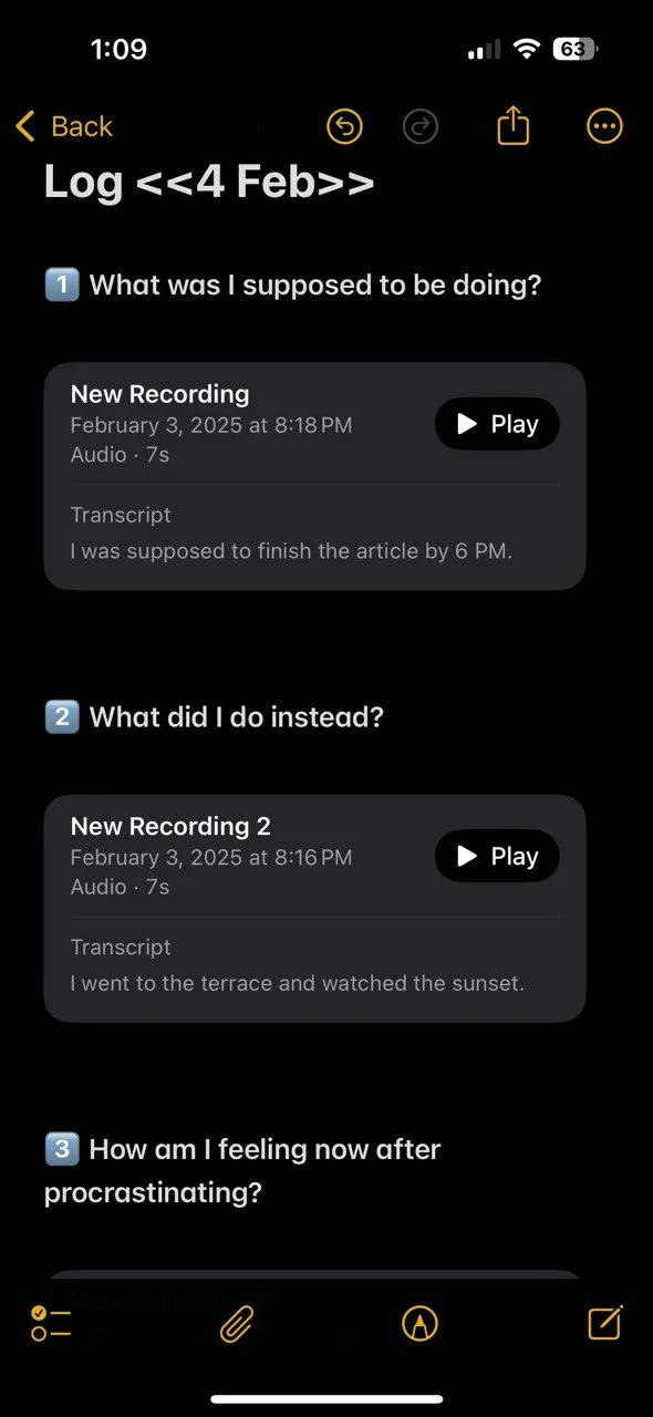 Ghi chú được phiên âm trong nhật ký trì hoãn Apple Notes