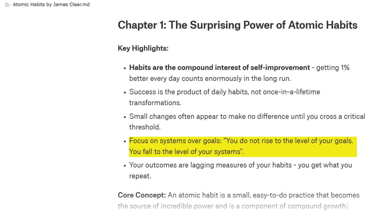 Ghi chú sách Atomic Habits trên Logseq với các đoạn highlight và ý chính
