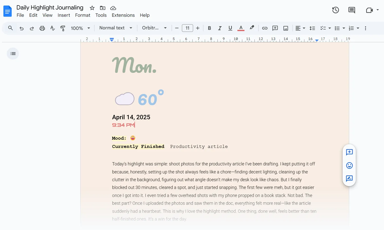 Ghi chú và nhật ký Daily Highlight chi tiết trong Google Docs
