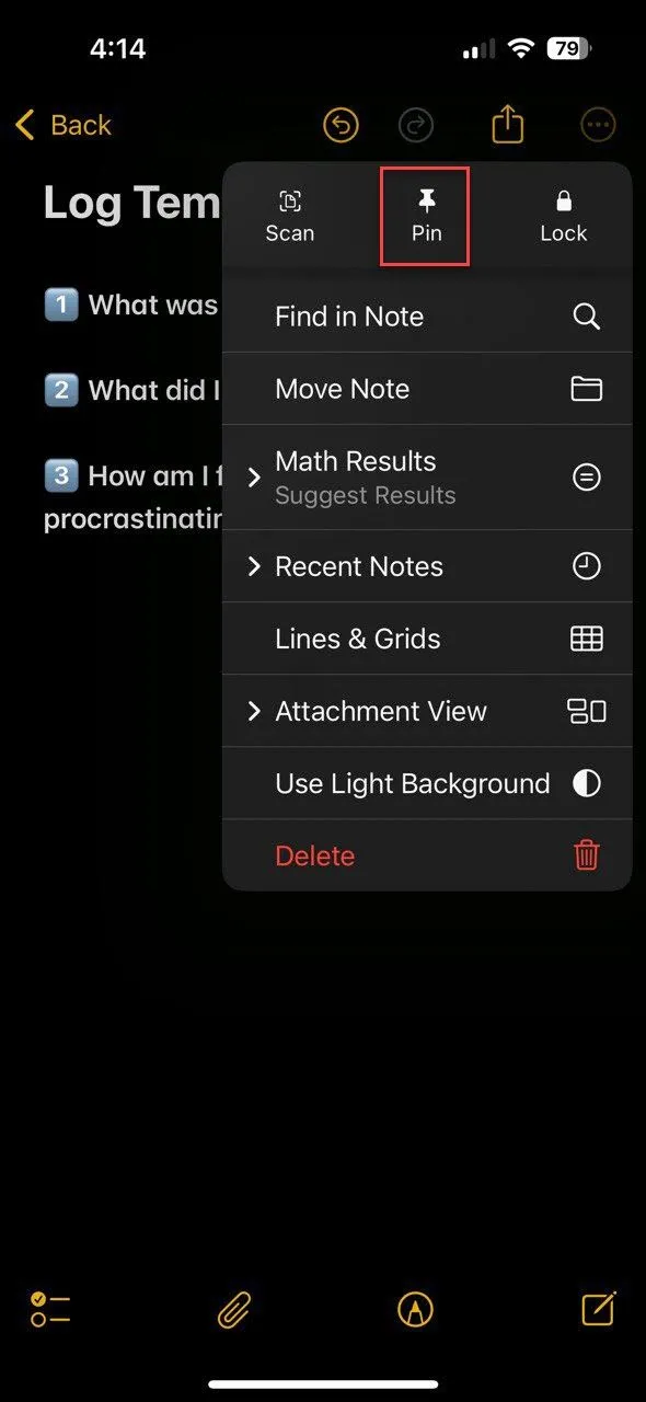 Ghim mẫu ghi chú nhật ký trì hoãn trong Apple Notes