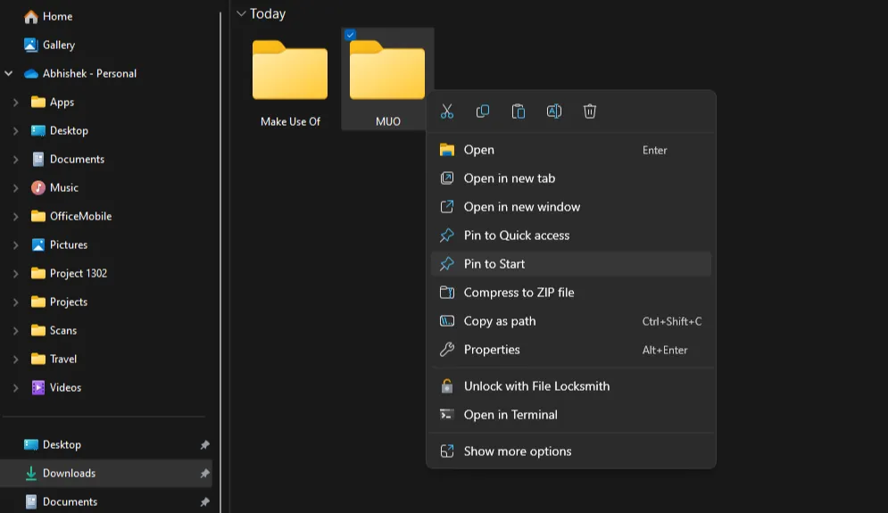 Ghim một thư mục tùy chỉnh vào Start Menu của Windows 11, hiển thị tùy chọn Pin to Start trong menu ngữ cảnh.