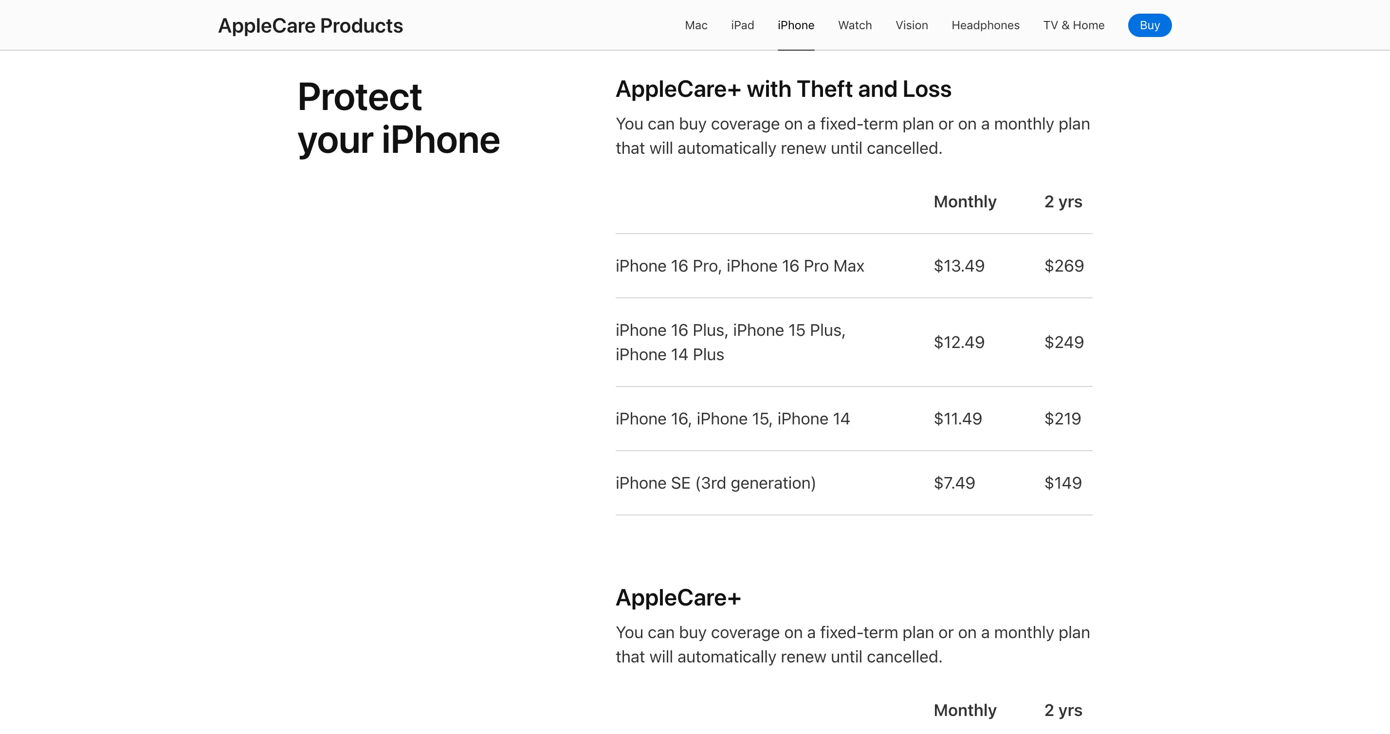 Giá gói bảo hành AppleCare+ cho các dòng iPhone khác nhau