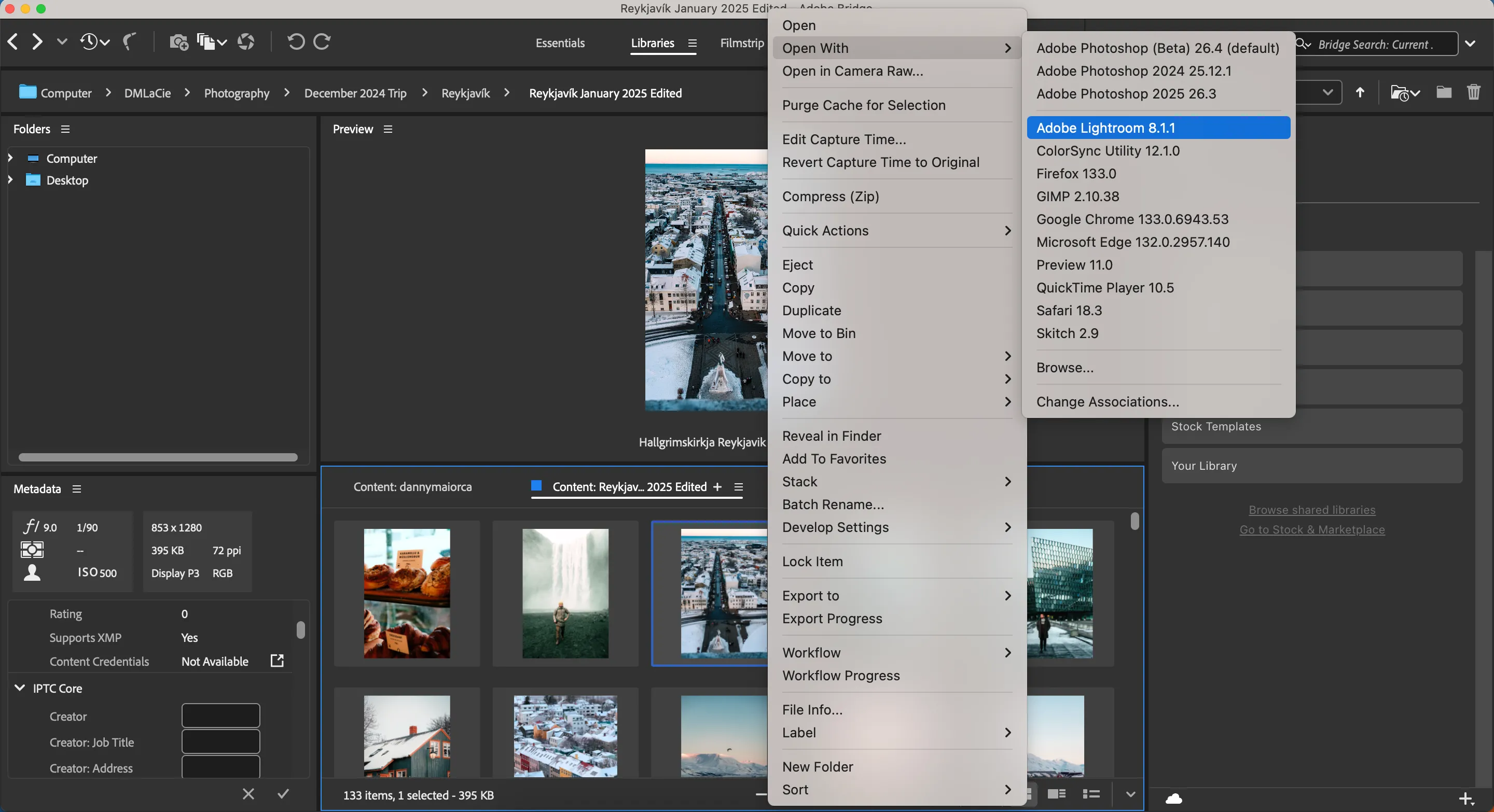 Giao diện Adobe Bridge cho phép mở ảnh trong các ứng dụng Adobe khác