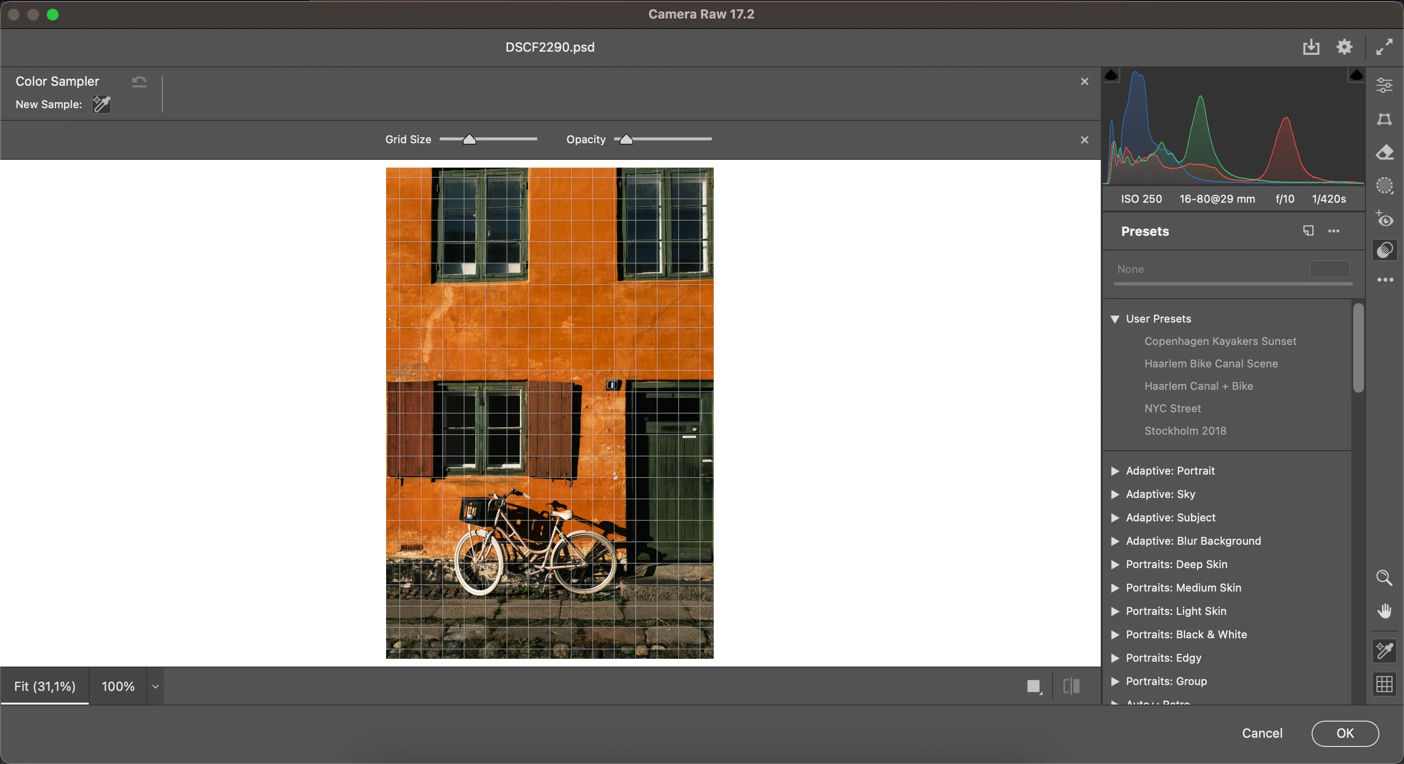 Giao diện Adobe Camera Raw với biểu đồ và thanh trượt chỉnh sửa ảnh