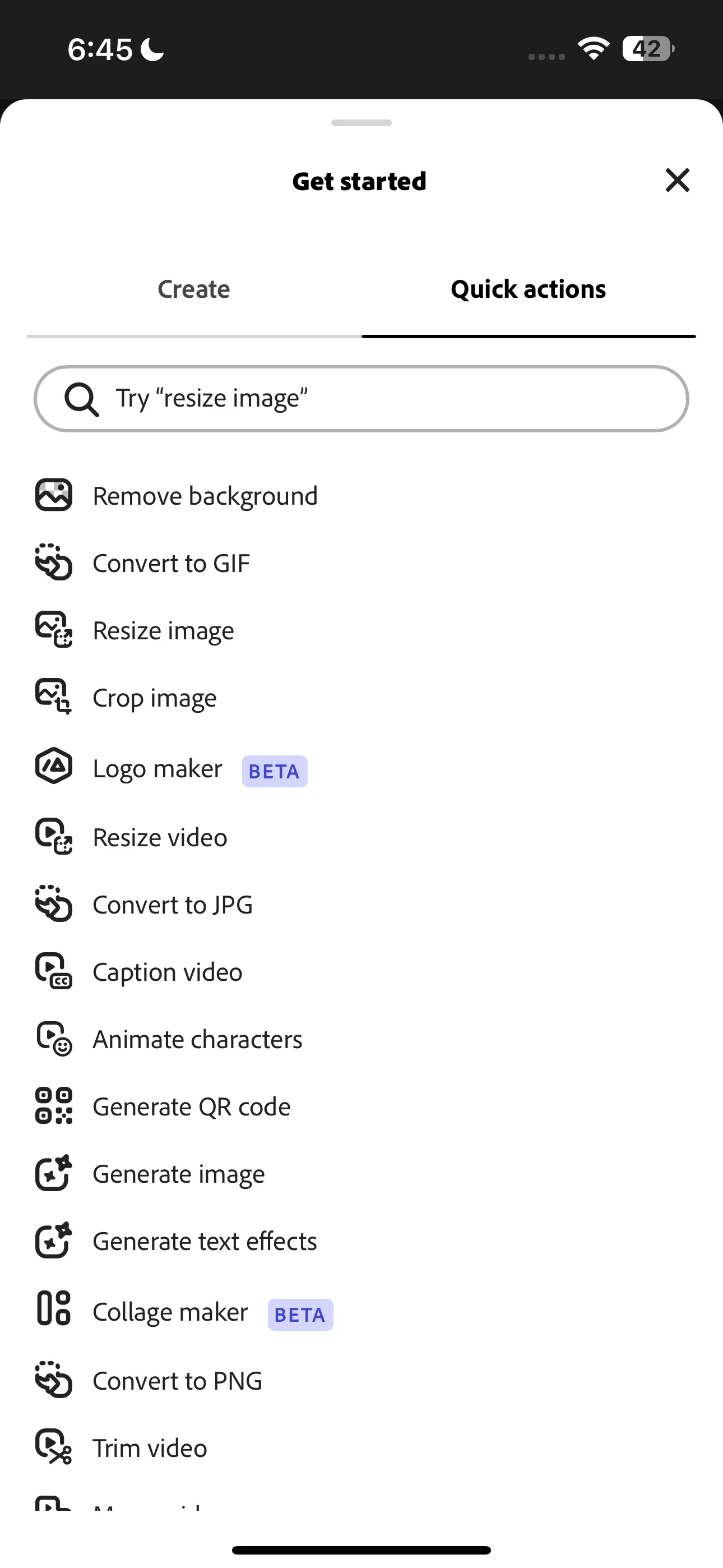 Giao diện Adobe Express hiển thị danh sách các tính năng Quick Actions