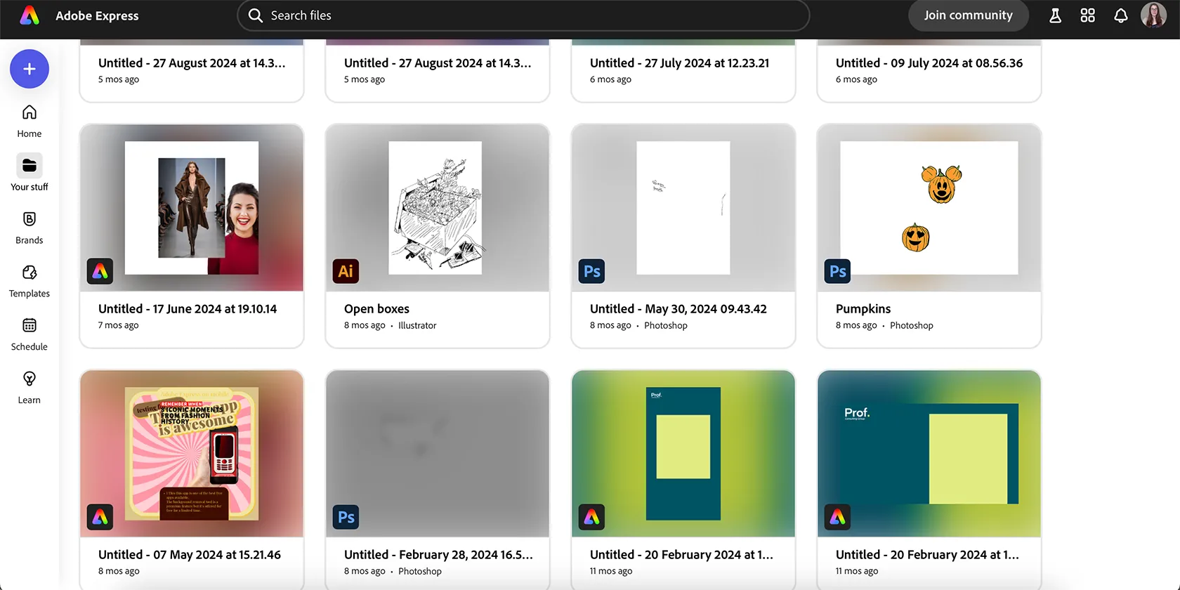 Giao diện Adobe Express hiển thị tích hợp với các công cụ khác của Adobe Creative Cloud thông qua tab Your Stuff.