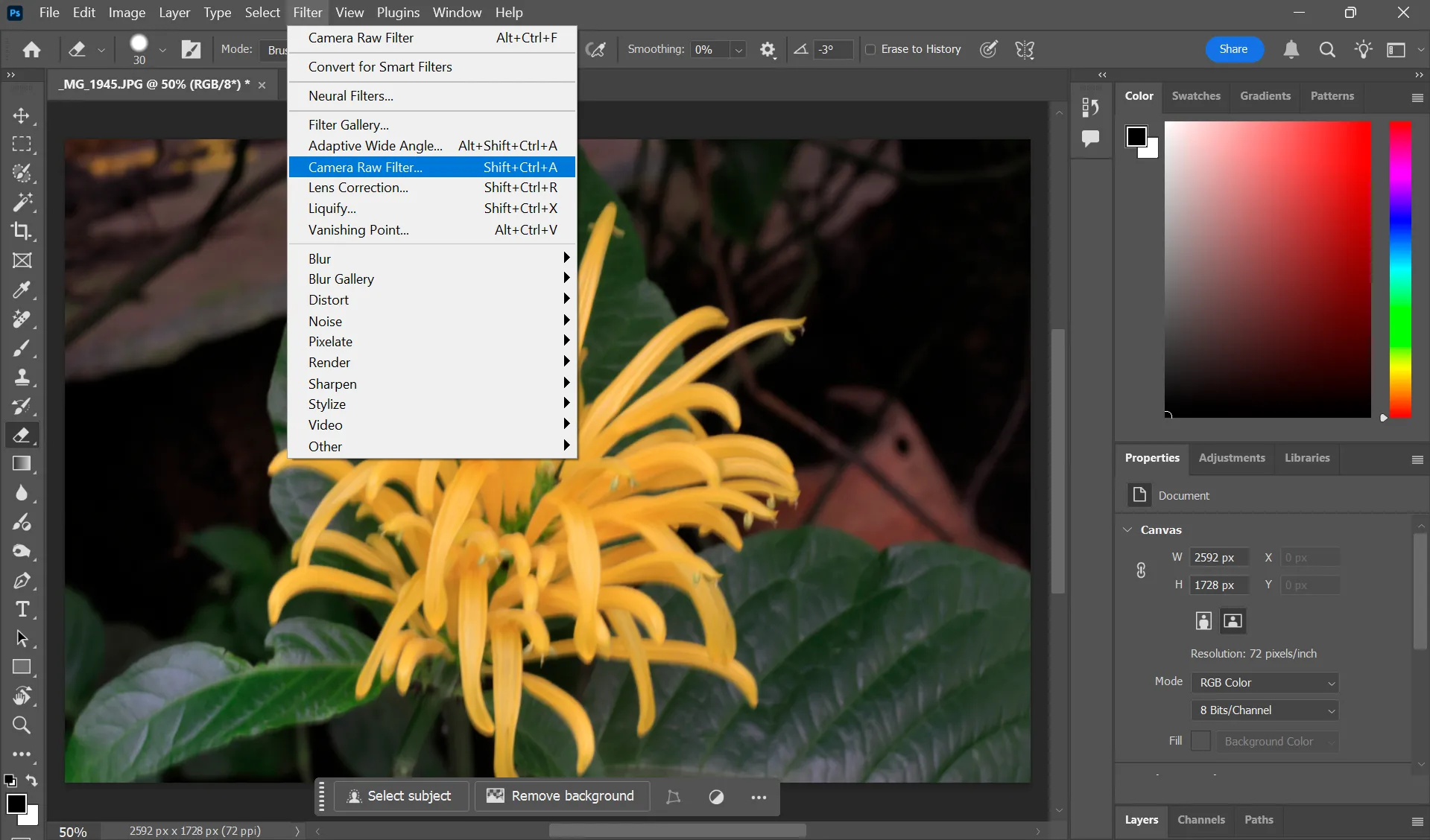 Giao diện Adobe Photoshop với màn hình Camera Raw Filter đang mở, hiển thị các tùy chọn và thanh công cụ chỉnh sửa ảnh