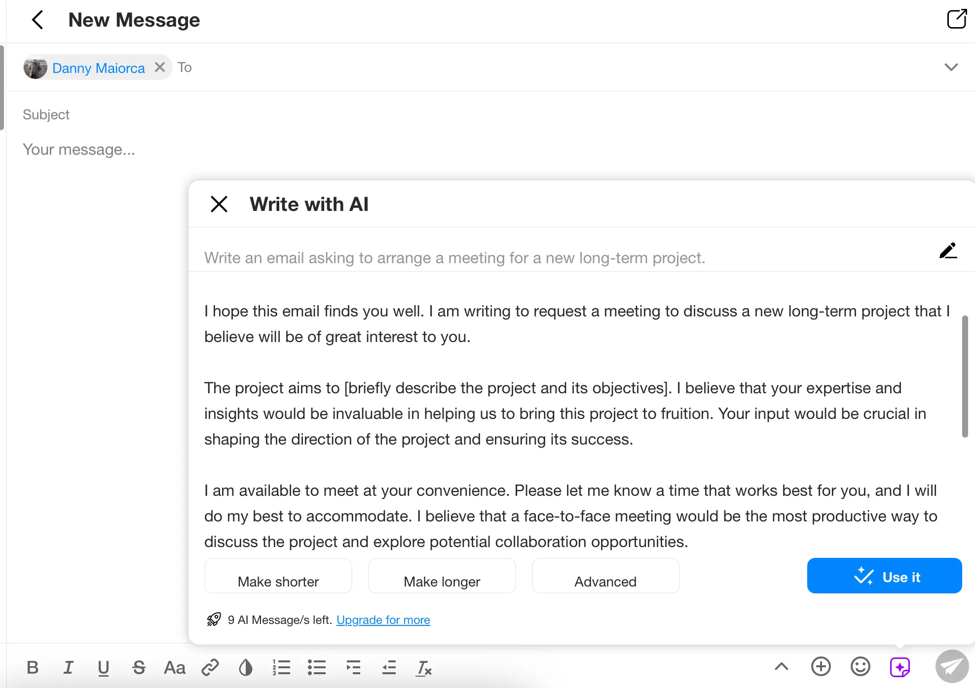 Giao diện AI tạo email tự động trong Spike