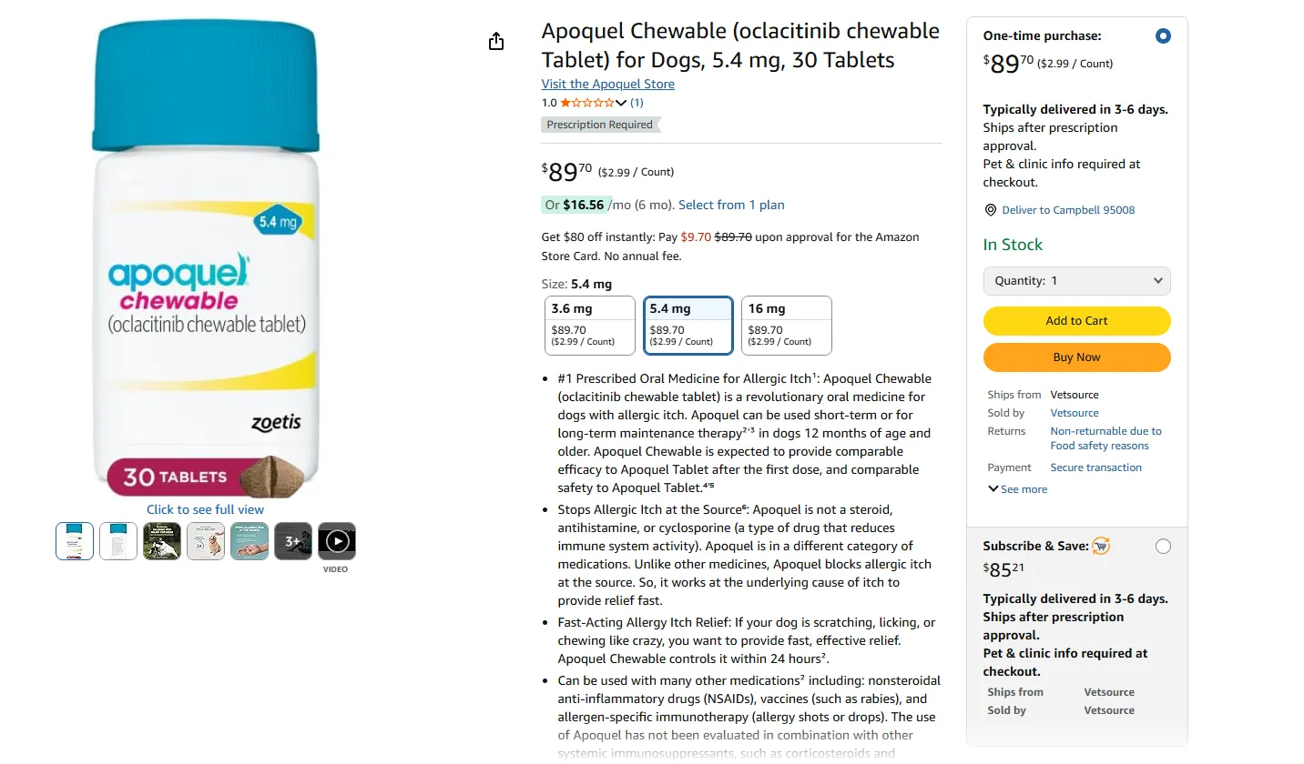 Giao diện Amazon hiển thị cửa hàng Vetsource chuyên thuốc thú cưng kê đơn