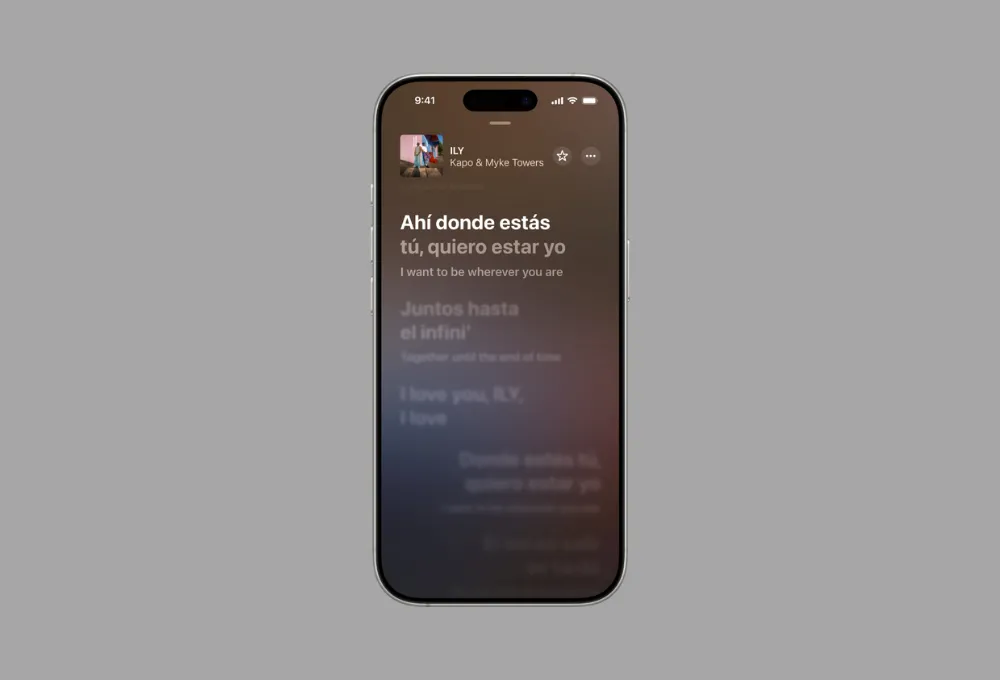 Giao diện Apple Music hiển thị lời bài hát với tính năng dịch lời trực tiếp