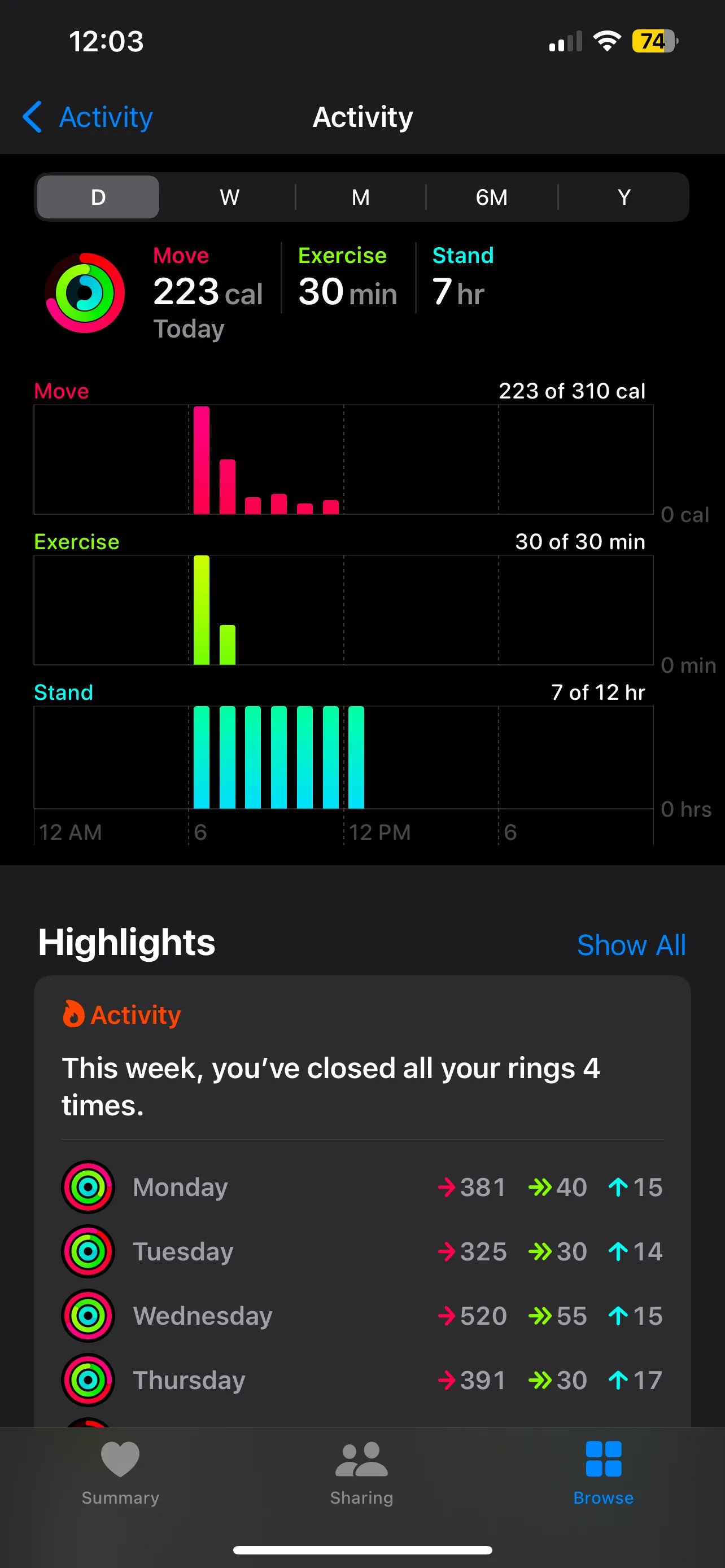 Giao diện ba vòng Hoạt động Move, Exercise và Stand trên ứng dụng Sức khỏe của Apple Watch