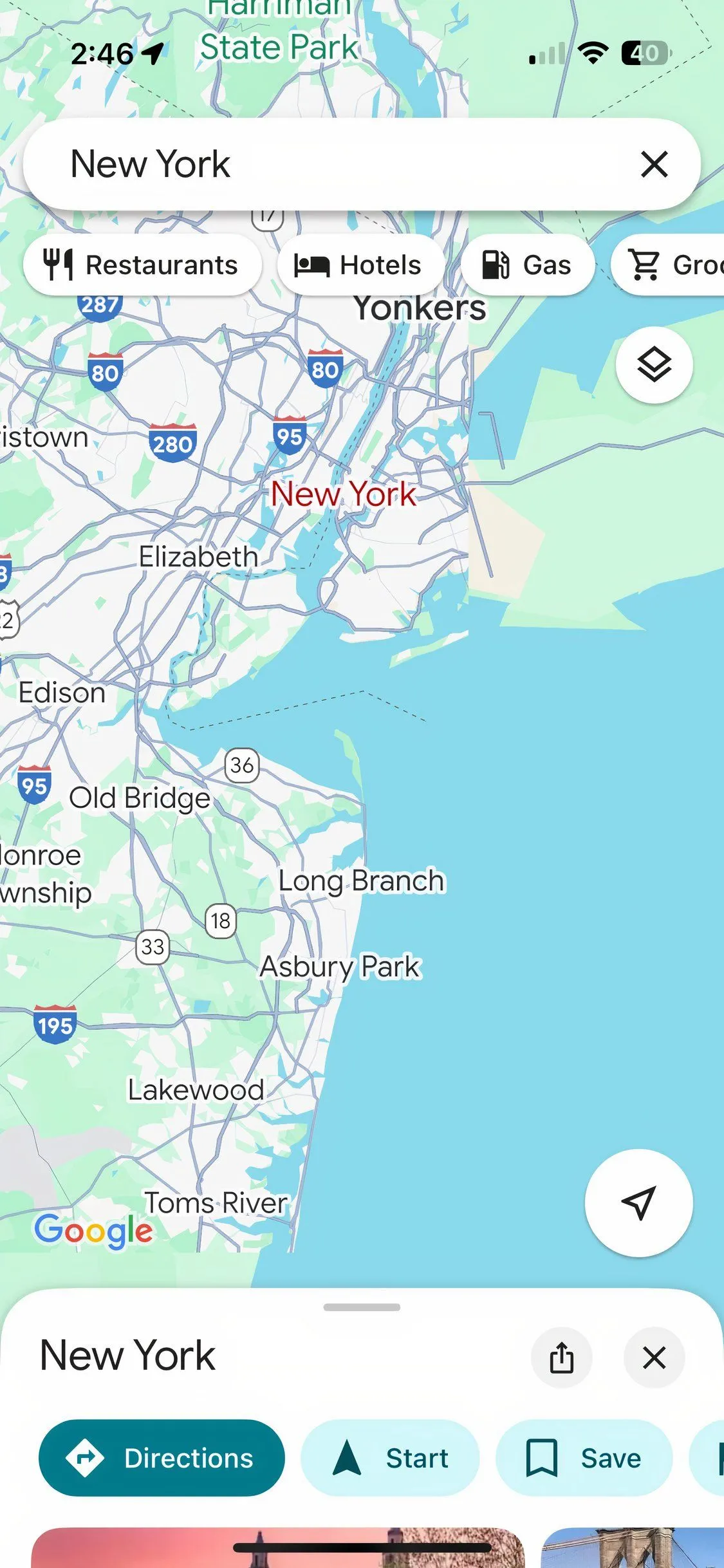 Giao diện bản đồ Google Maps hiển thị khu vực New York với các điểm quan tâm.