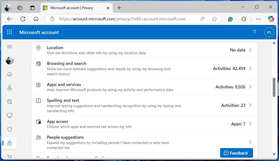 Giao diện Bảng điều khiển Quyền riêng tư của Microsoft trên trình duyệt web