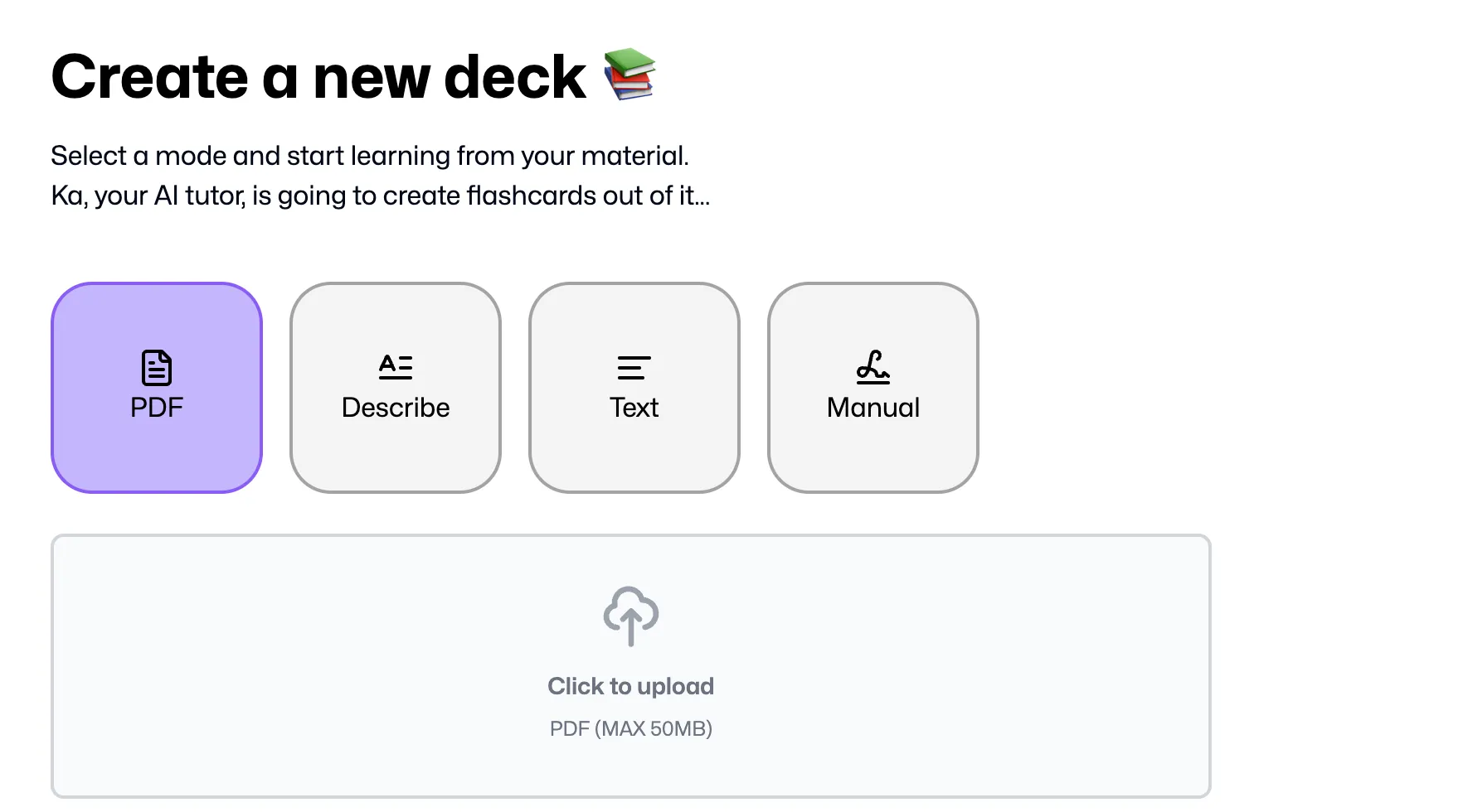 Giao diện các tùy chọn tạo bộ flashcard mới trên FlashKa AI