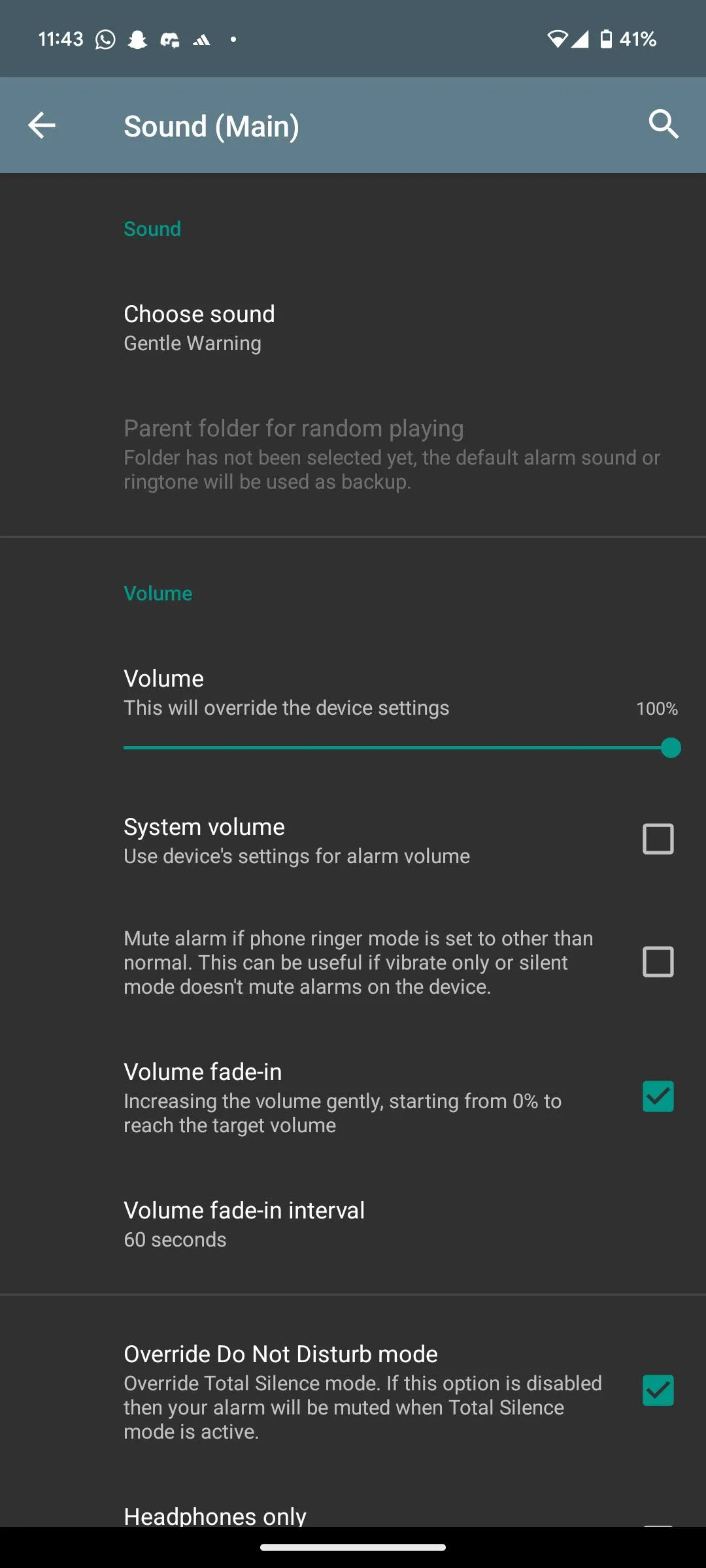 Giao diện các tùy chọn thử thách đánh thức nâng cao trong ứng dụng AMdroid
