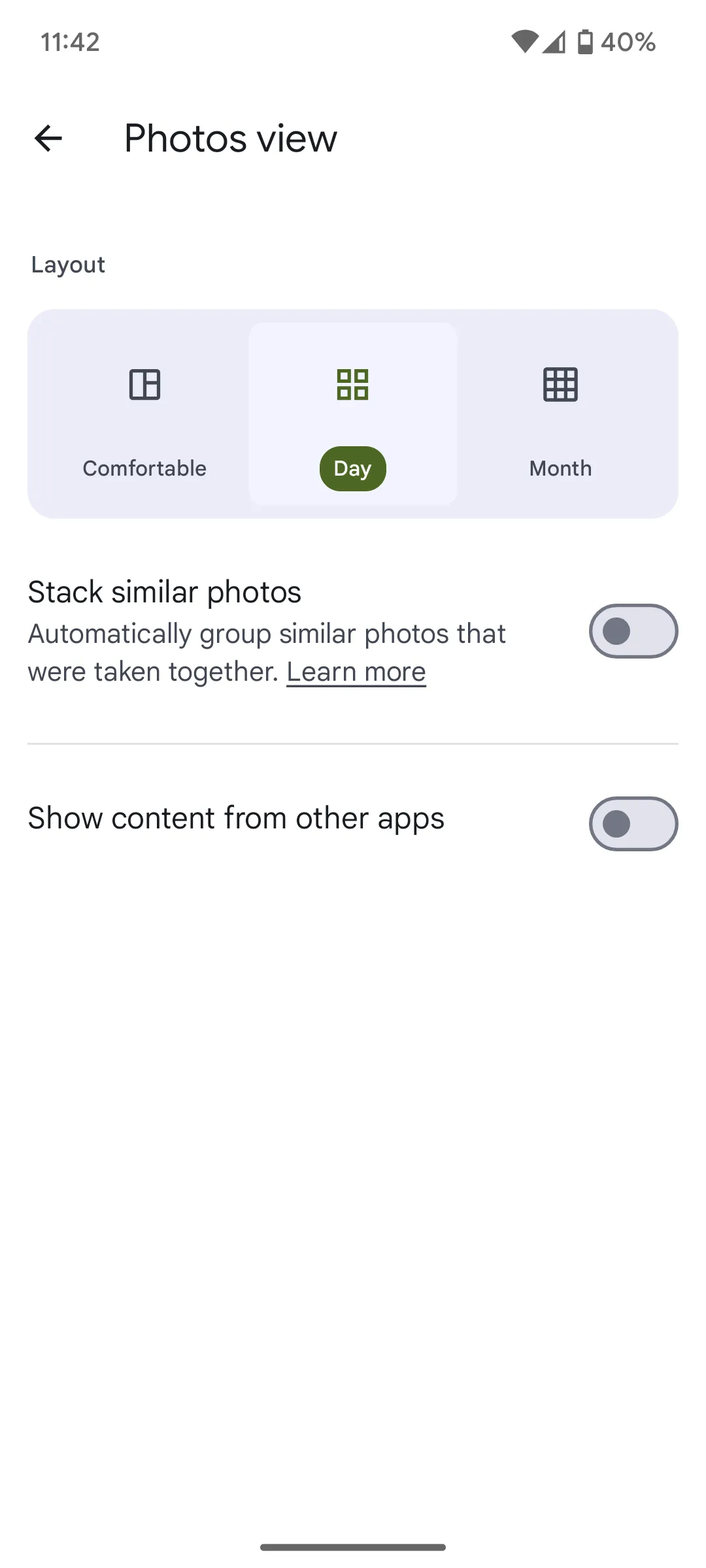 Giao diện cài đặt ẩn nội dung từ ứng dụng khác trong Google Photos