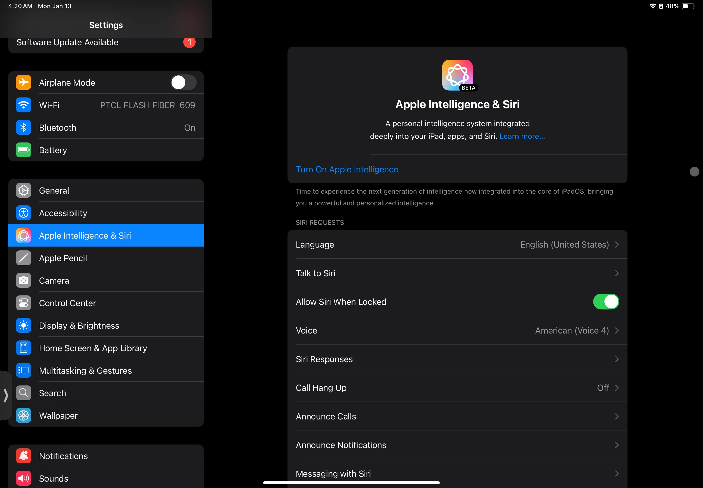 Giao diện cài đặt Apple Intelligence và Siri trên một chiếc iPad