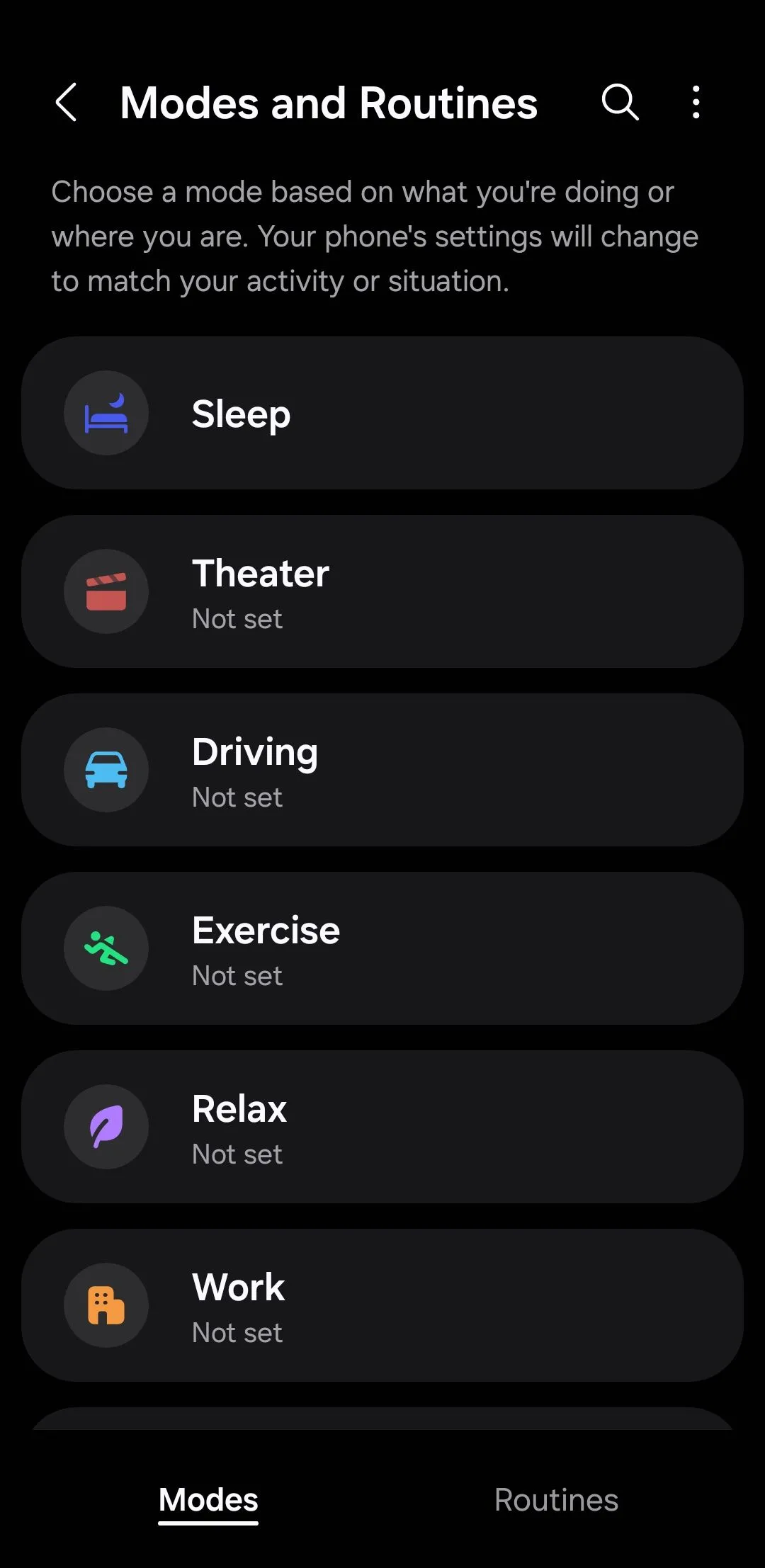 Giao diện cài đặt Chế độ (Modes) trong tính năng Modes and Routines trên Samsung One UI