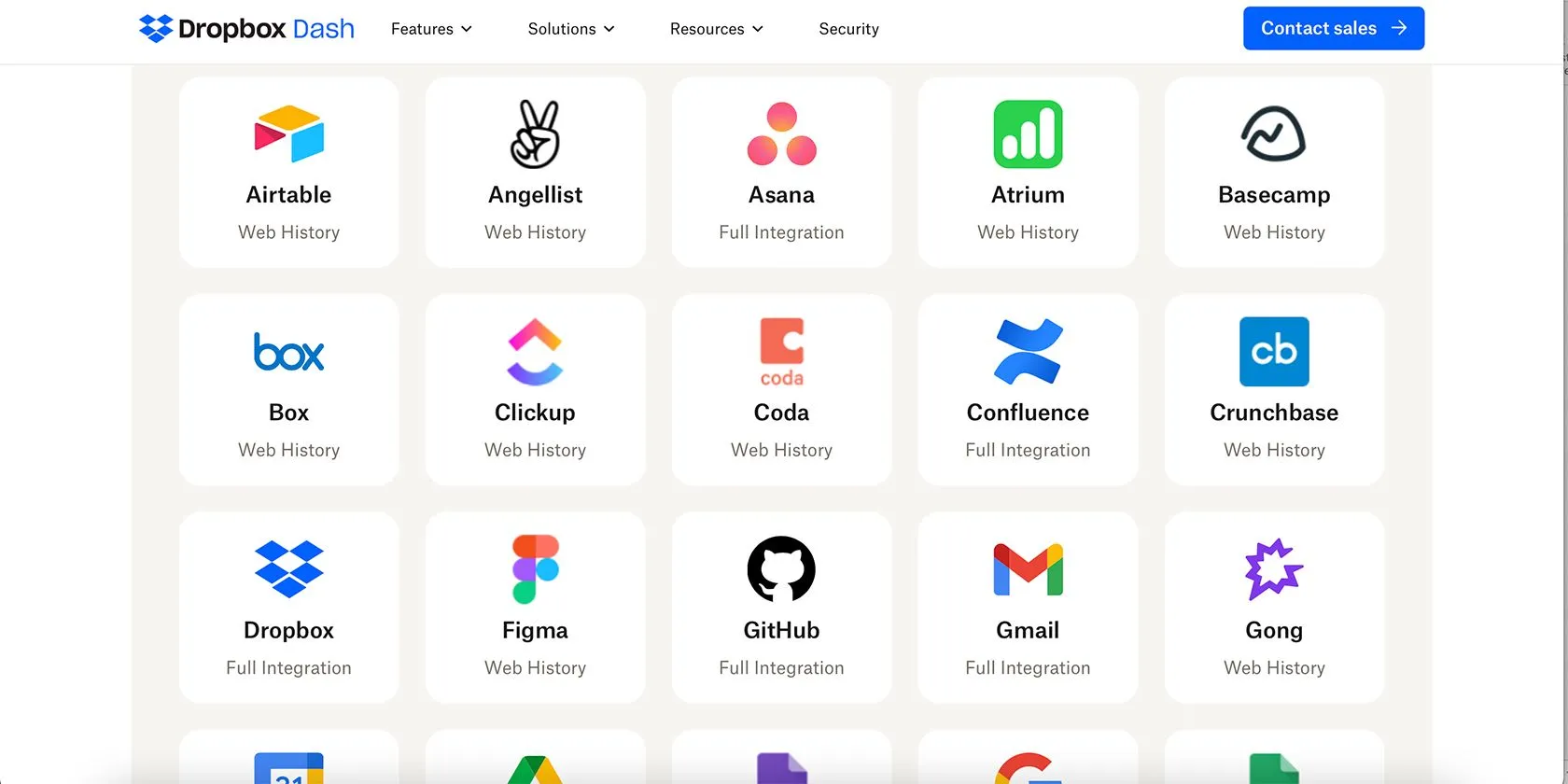 Giao diện cài đặt cho phép Dropbox Dash kết nối với các ứng dụng bên ngoài để mở rộng khả năng tìm kiếm và quản lý thông tin.