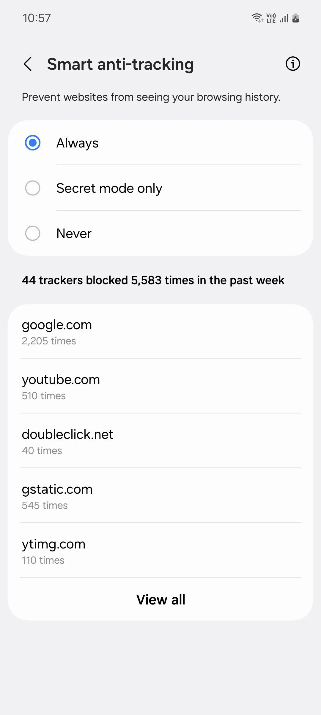 Giao diện cài đặt chống theo dõi thông minh và quyền riêng tư của Samsung Internet