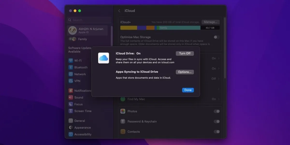 Giao diện cài đặt đồng bộ iCloud trên macOS, minh họa cách đồng bộ dữ liệu giữa các thiết bị Apple