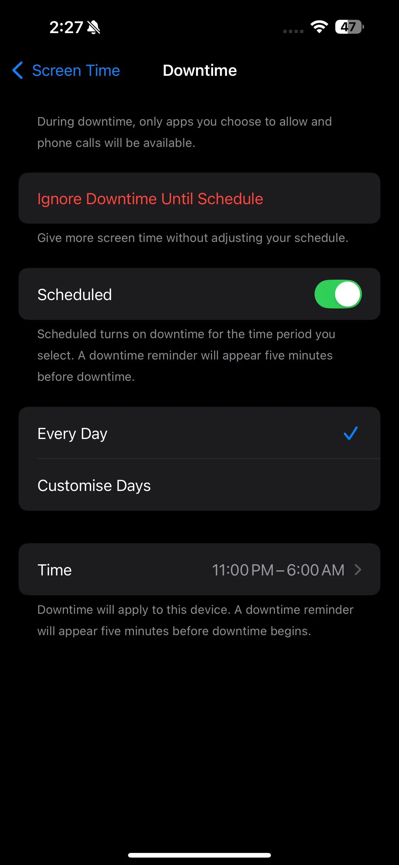 Giao diện cài đặt Downtime trong ứng dụng Cài đặt của iPhone, hiển thị tùy chọn thời gian bắt đầu và kết thúc.