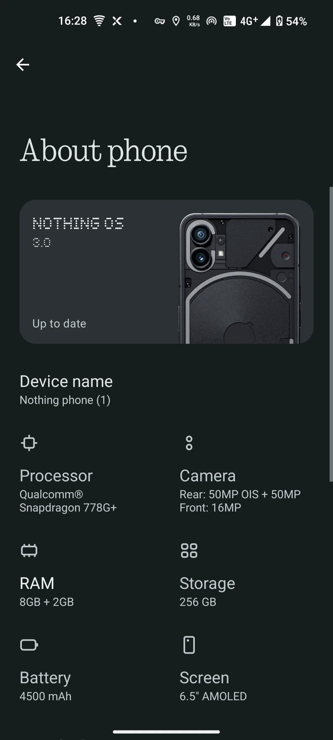 Giao diện cài đặt 'Giới thiệu về điện thoại' trên Nothing Phone