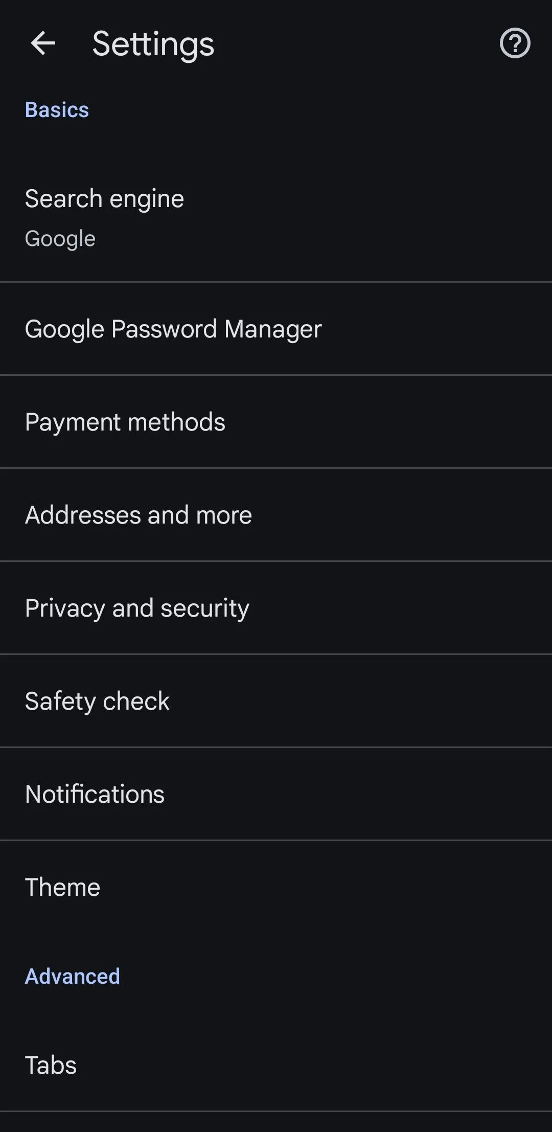 Giao diện cài đặt Google Chrome trên thiết bị Android, thể hiện các tùy chọn tùy chỉnh.