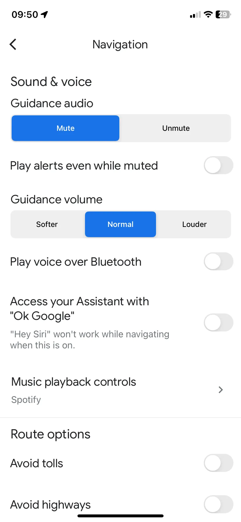 Giao diện cài đặt Google Maps trên iOS với tùy chọn Điều khiển phát nhạc