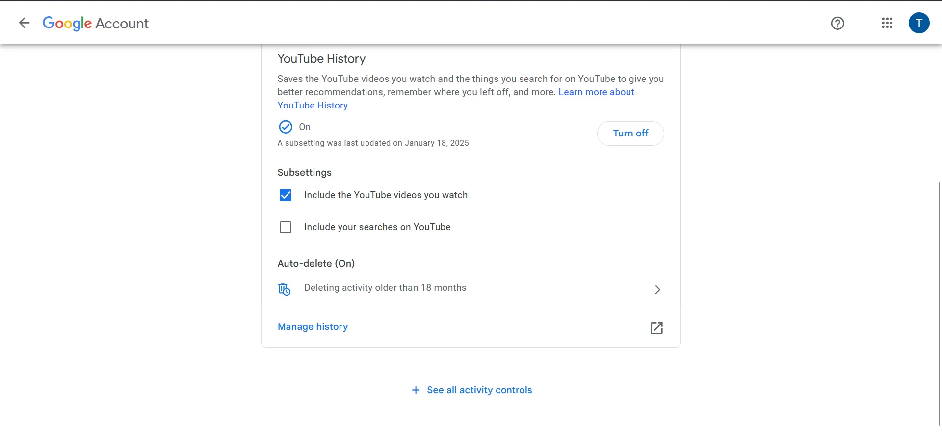 Giao diện cài đặt kiểm soát lịch sử hoạt động YouTube, bao gồm tùy chọn lịch sử tìm kiếm, giúp người dùng quản lý dữ liệu cá nhân.