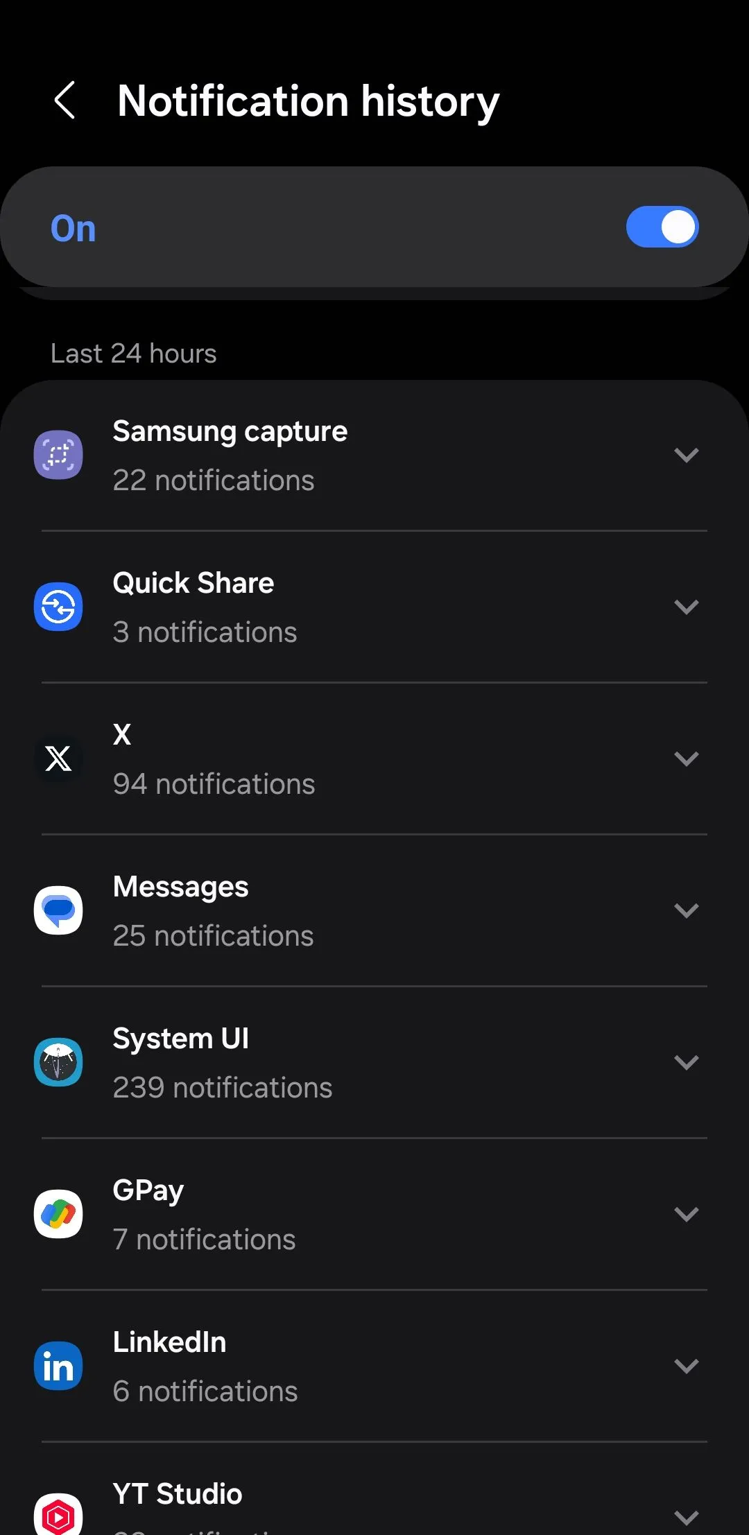 Giao diện cài đặt lịch sử thông báo (Notification History) trên Android, giúp xem lại các thông báo đã bỏ lỡ