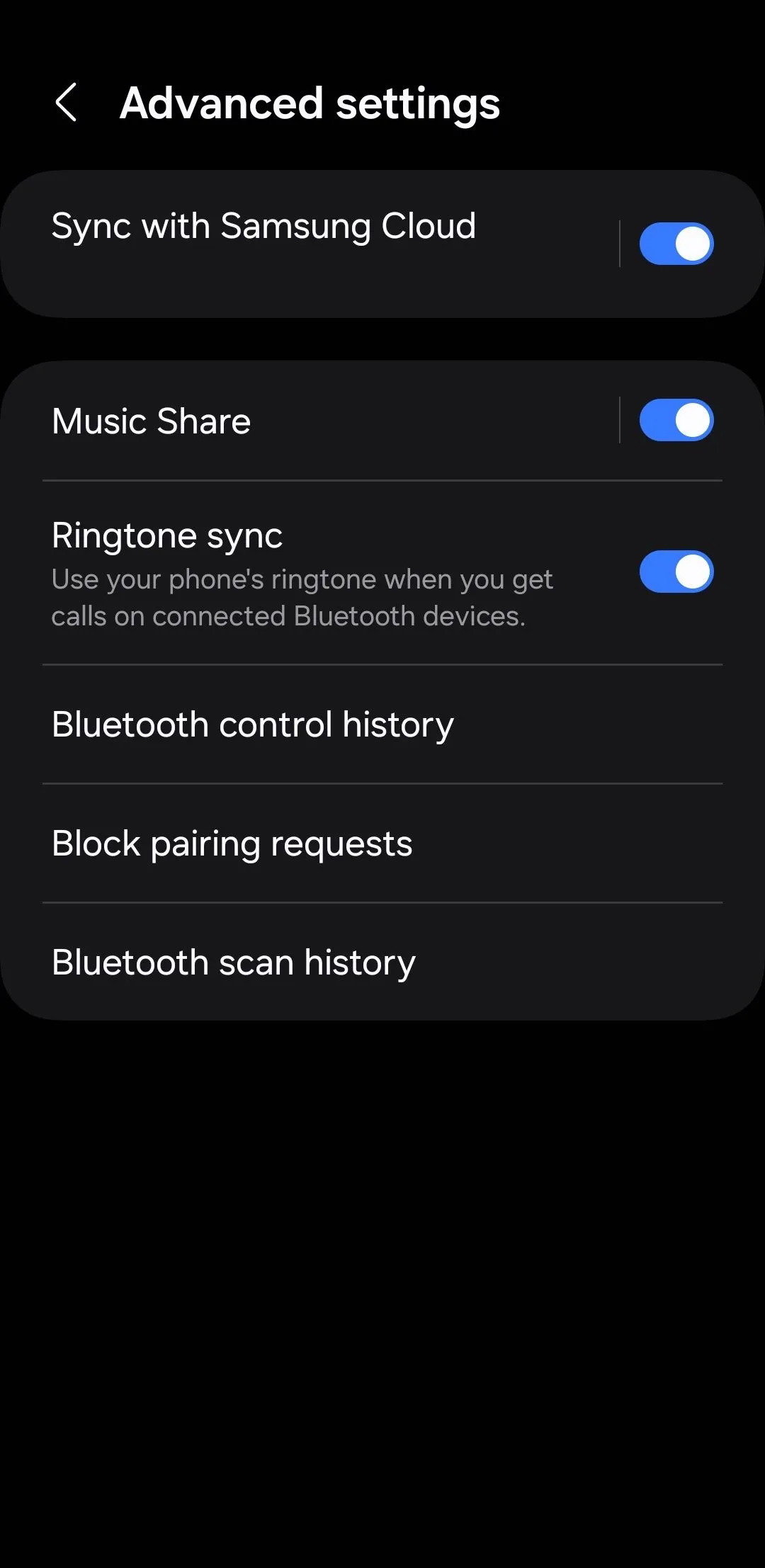 Giao diện Cài đặt nâng cao Bluetooth với tùy chọn Music Share trên Samsung