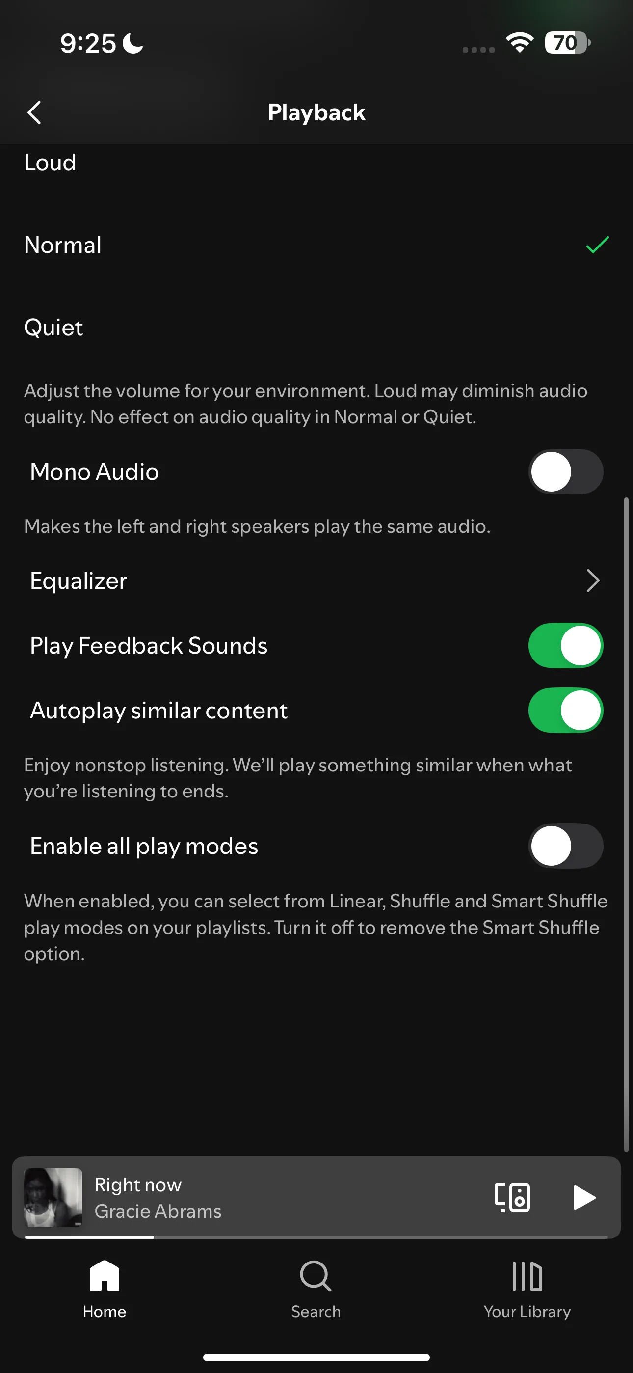 Giao diện cài đặt Phát lại (Playback) trên Spotify iOS