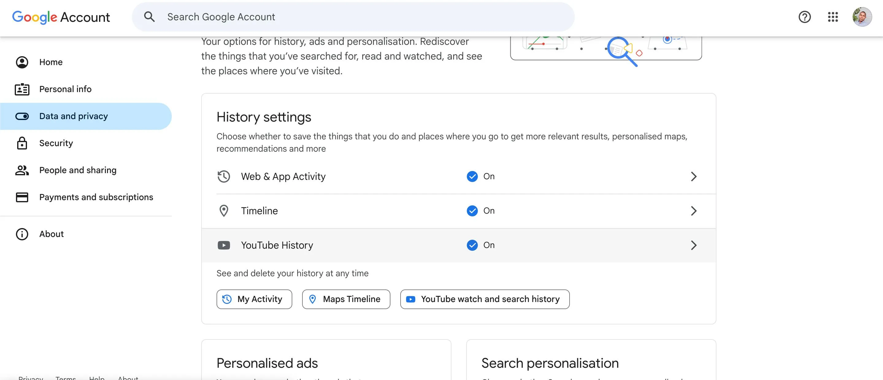 Giao diện cài đặt quyền riêng tư và dữ liệu trong tài khoản Google, cho phép tạm dừng hoạt động theo dõi