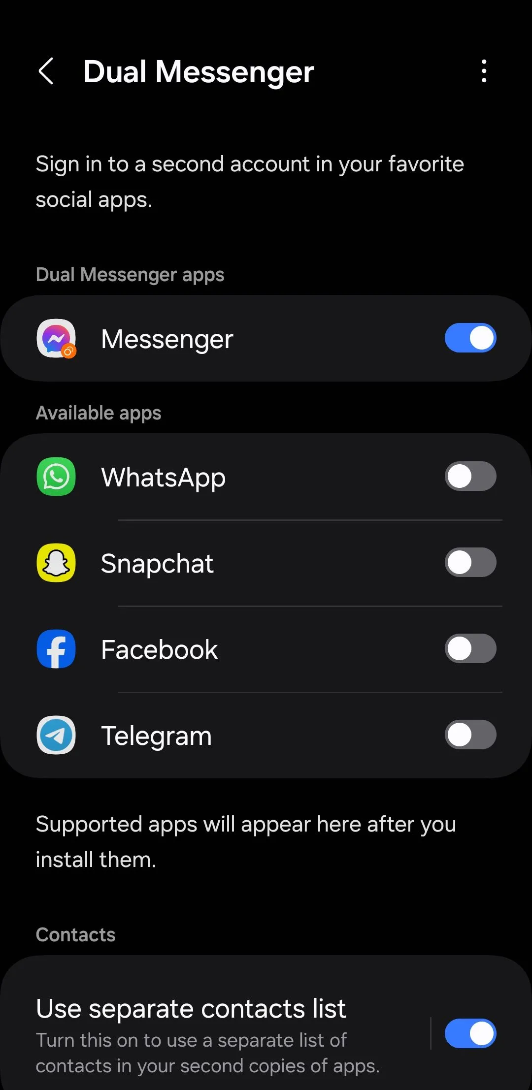 Giao diện cài đặt tính năng Dual Messenger trên điện thoại Samsung Galaxy