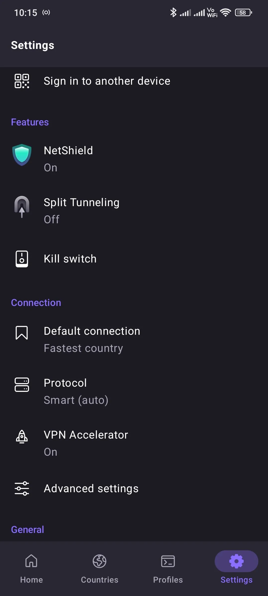 Giao diện cài đặt trong ứng dụng Proton VPN, hiển thị các tùy chọn cấu hình kết nối