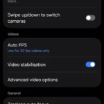 Giao diện cài đặt ứng dụng camera Samsung với tùy chọn video nâng cao