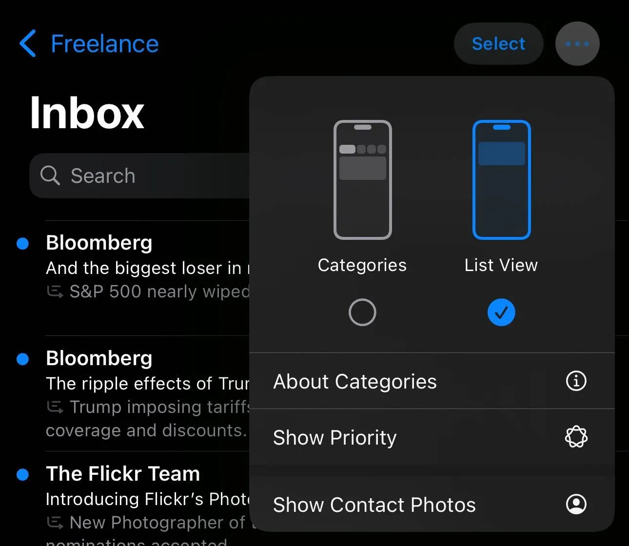 Giao diện cài đặt ứng dụng Mail trên iOS 18.5 beta 1 hiển thị các tùy chọn &quot;Hiển thị ảnh liên hệ&quot; và &quot;Ưu tiên&quot; giúp tùy chỉnh trải nghiệm.