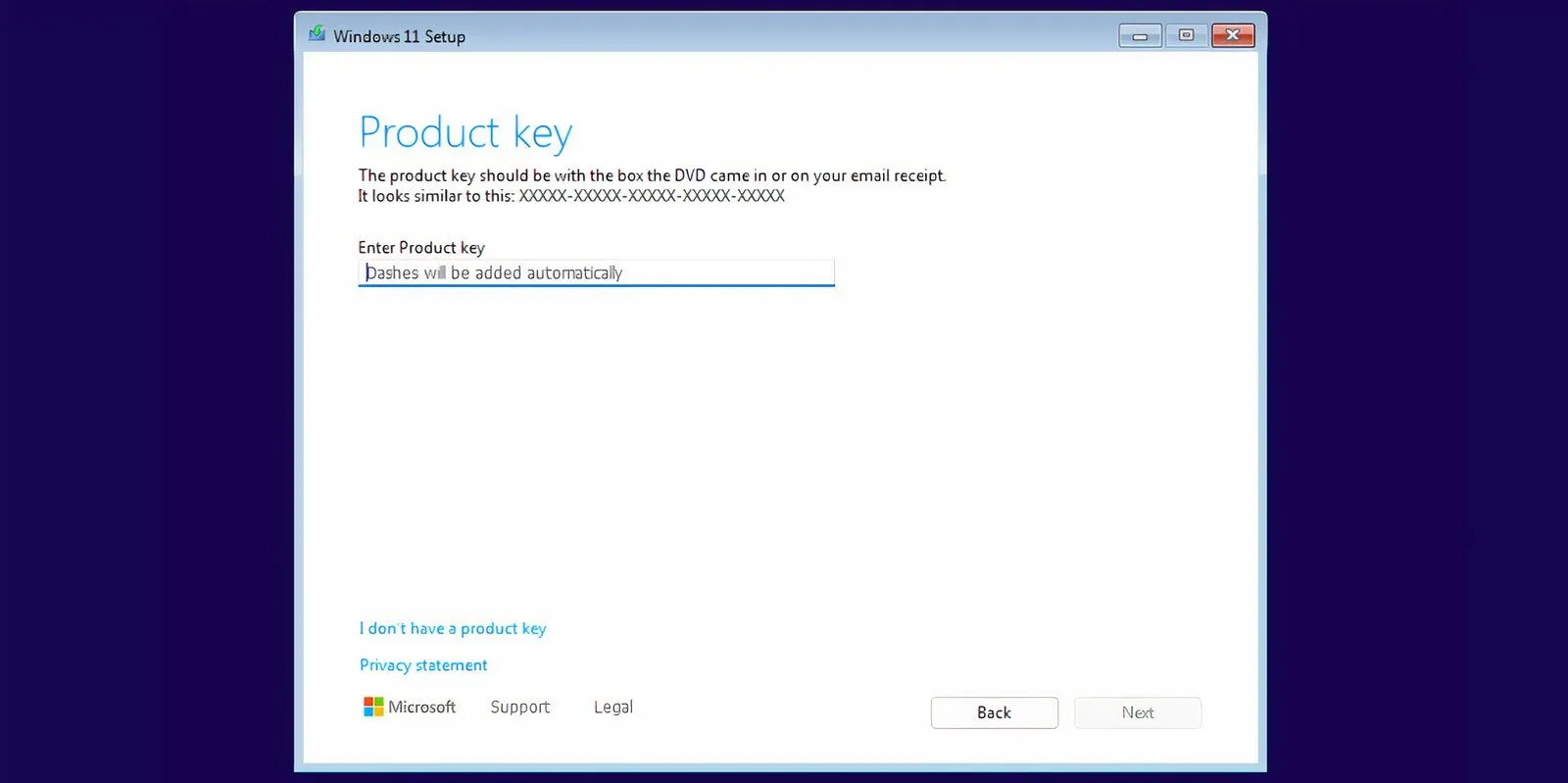Giao diện cài đặt Windows 11 hiển thị tùy chọn bỏ qua nhập khóa sản phẩm