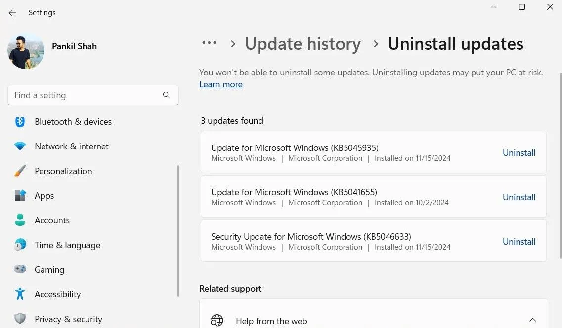 Giao diện Cài đặt Windows 11 hiển thị tùy chọn gỡ cài đặt bản cập nhật đã cài đặt