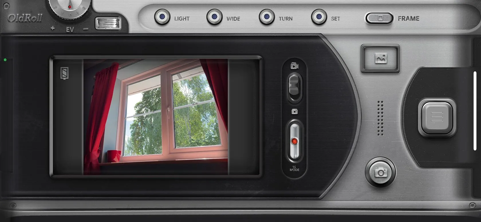 Giao diện camera quay video trong ứng dụng OldRoll, mô phỏng phong cách máy quay video cầm tay cổ điển.