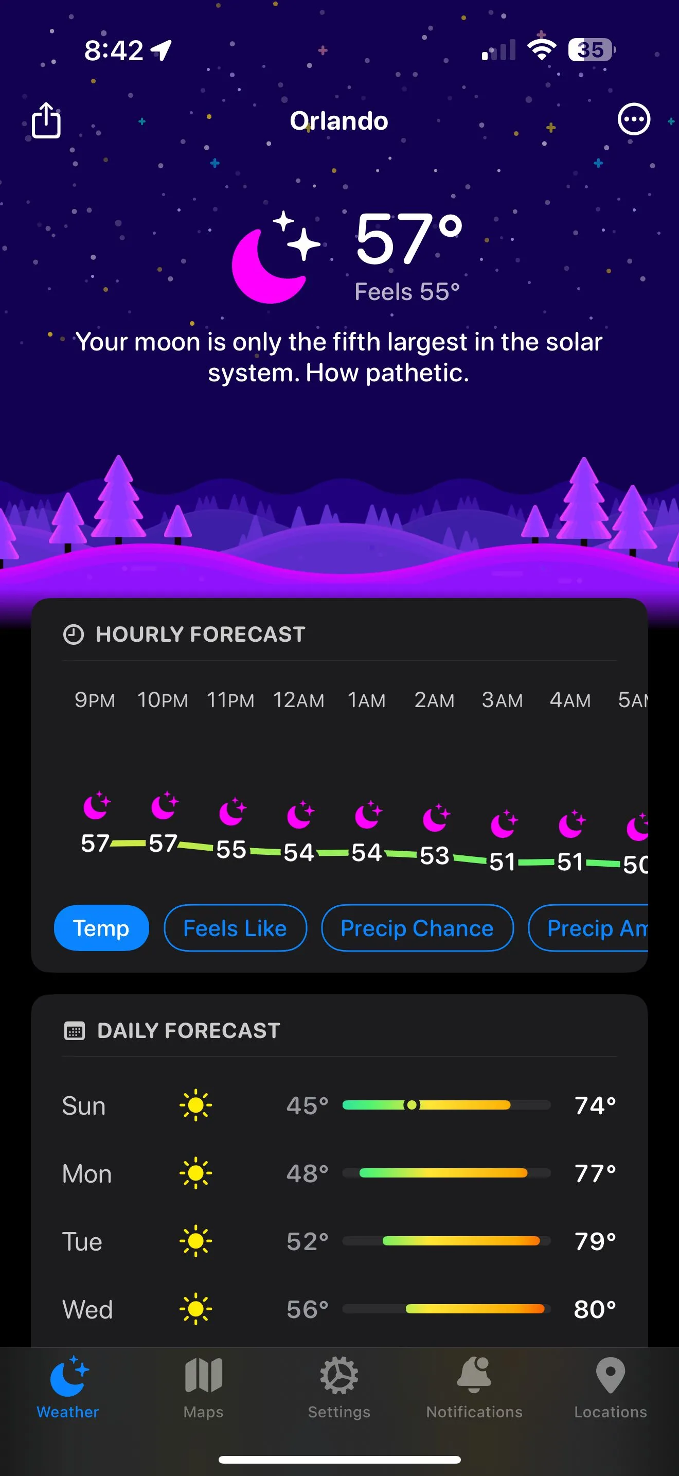 Giao diện Carrot Weather với dự báo thời tiết hài hước và cá tính trên iPhone