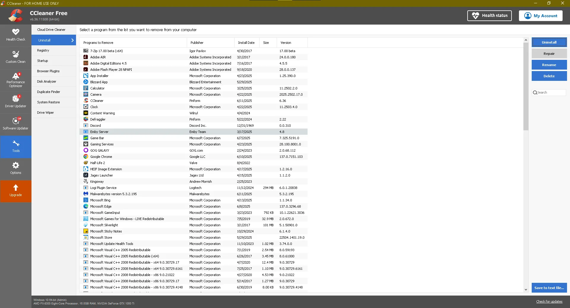 Giao diện CCleaner hiển thị danh sách các chương trình đã cài đặt trên máy tính Windows