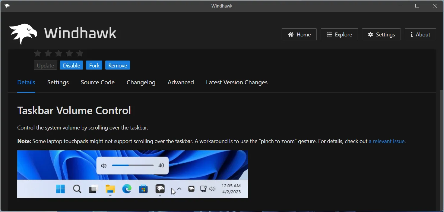 Giao diện chi tiết của mod Task Bar Volume Control trong ứng dụng Windhawk, biến thanh Taskbar thành công cụ điều khiển âm lượng hệ thống